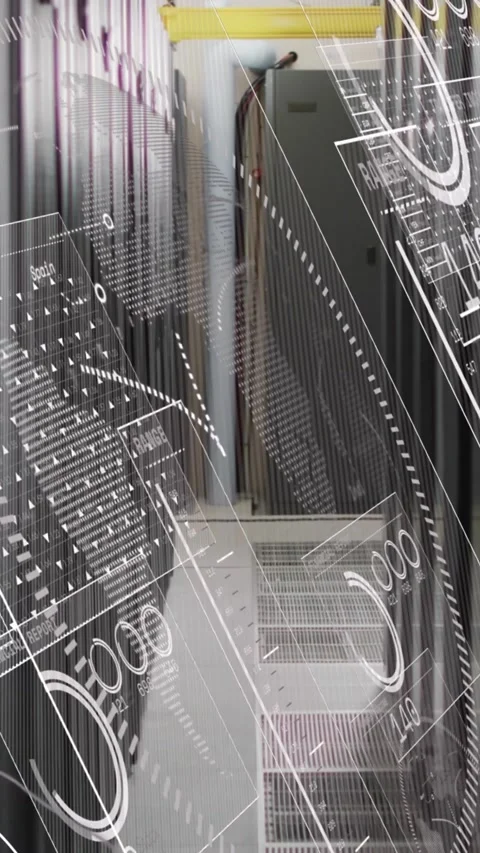 Animation of interface with data processing against computer server room Stock Footage 344723129