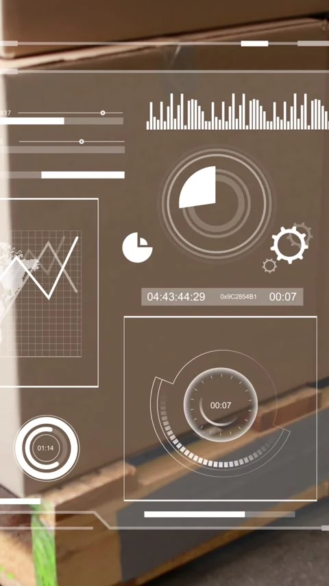 Animation of interface with data processing against delivery boxes on wooden Stock Footage 344775235