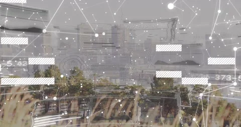 Animation of interface with data processing and plexus networks against aerial Stock Footage 326190819