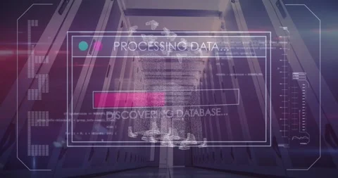Animation of interface with data processing and 3d computer sever model spinning Stock Footage 329689995