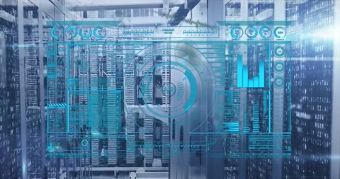Animation of interface with data processing and light spot against computer Vídeos de archivo 330337151