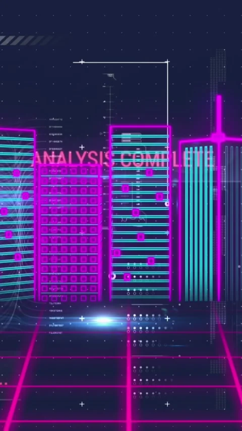 Animation of interface with data processing on grid network against 3d city Stock Footage 319157255