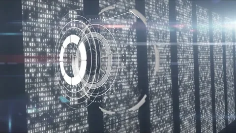 Animation of interface with data processing over screens with binary coding Video stock 206347990