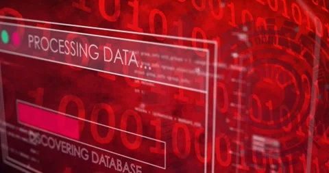 Animation of interface with data processing over round scanner and binary coding Stock Footage 240176842