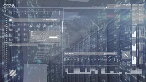Animation of interface with data processing over spinning globe against computer Stock Footage 326185646