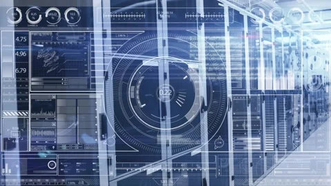Animation of interface with data processing over empty computer server room Stock Footage 326875145