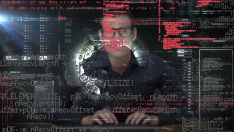 Animation of interface with data processing over caucasian male hacker and Stock Footage 327002848