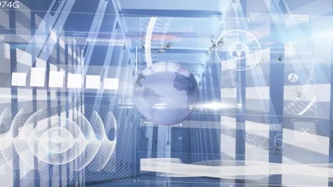 Animation of interface with data processing over globe icon against computer Stock Footage 327200301