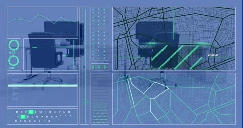 Animation of interface with data processing over 3d office desks model against Stock Footage 329689460