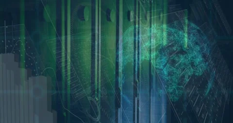 Animation of interface with data processing over spinning globe against computer Stock Footage 329689932