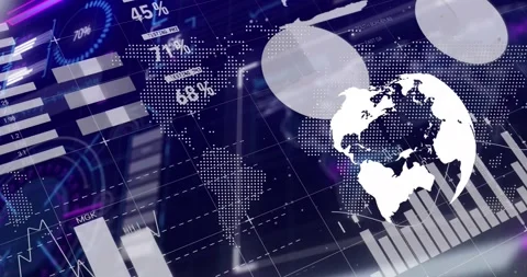 Animation of interface with data processing over spinning globe and world map on Stock Footage 329692178