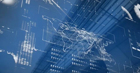 Animation of interface with data processing over world map against tall building Stock Footage 329696846