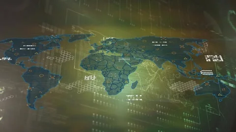 Animation of interface with data processing over world map against yellow Stock Footage 329708994