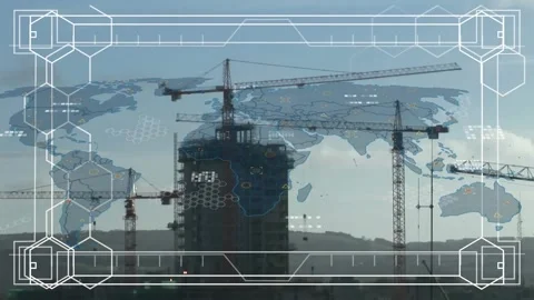 Animation of interface with data processing over world map against construction Stock Footage 329781587