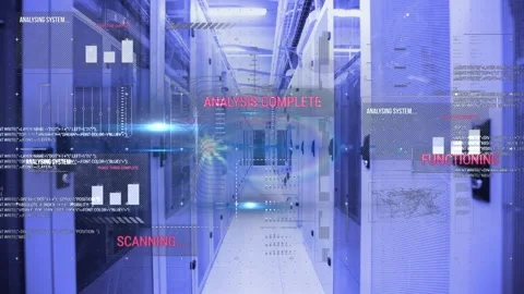 Animation of interface with data processing over empty computer server room Stock Footage 329849540