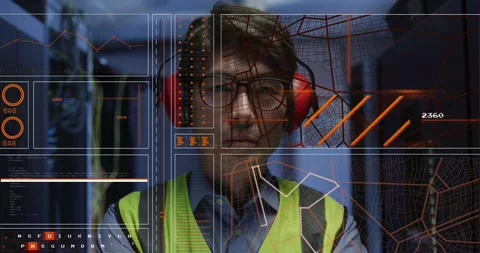 Animation of interface with data processing over asian male engineer at computer Stock Footage 329922930