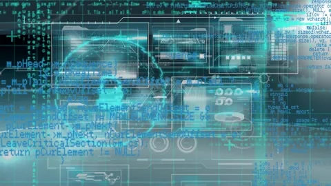 Animation of interface with data processing over grid network against blue Stock Footage 330115358
