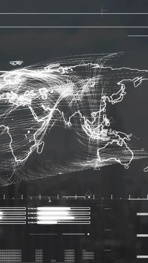 Animation of interface with data processing over world map against aerial view Vídeo Stock 344369722
