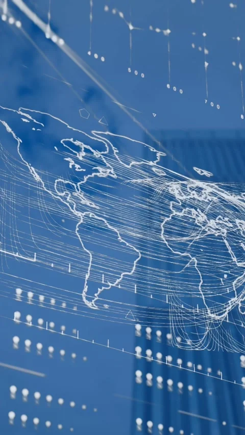 Animation of interface with data processing over world map against low angle Stock Footage 344614212