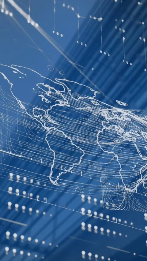 Animation of interface with data processing over world map against tall building Stock Footage 344614247