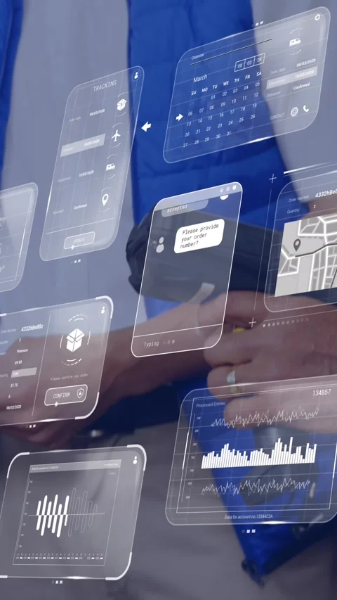 Animation of interface with data processing over two caucasian male supervisors 스톡 동영상 344803439
