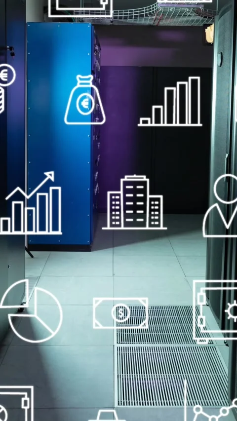 Animation of interface with digital icons against computer server room Stock Footage 320921824