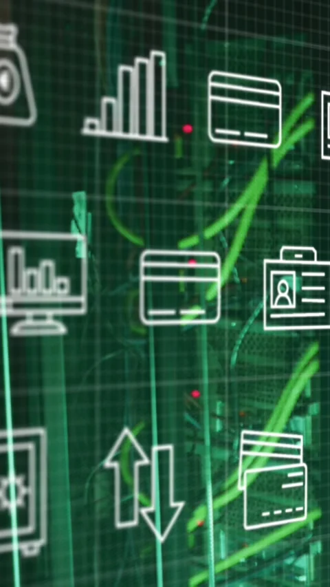Animation of interface with digital icons against close up of a computer server Stock Footage 320922007