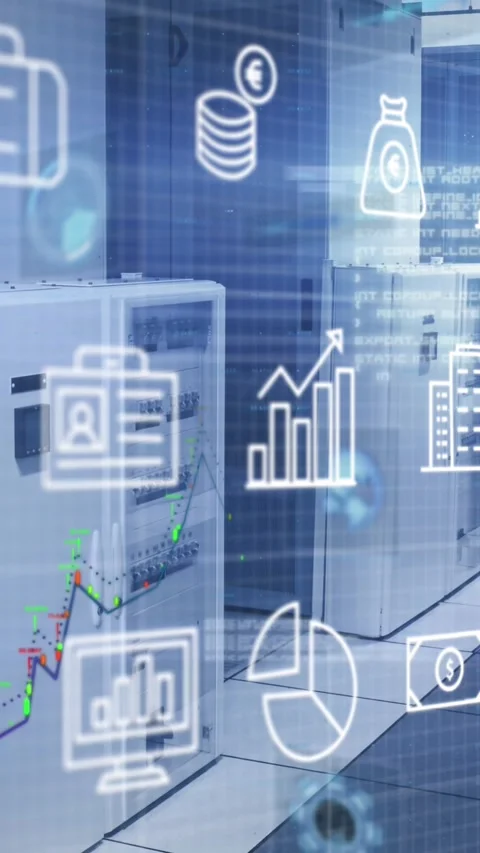 Animation of interface with digital icons and light spot against computer server Stock Footage 344706589