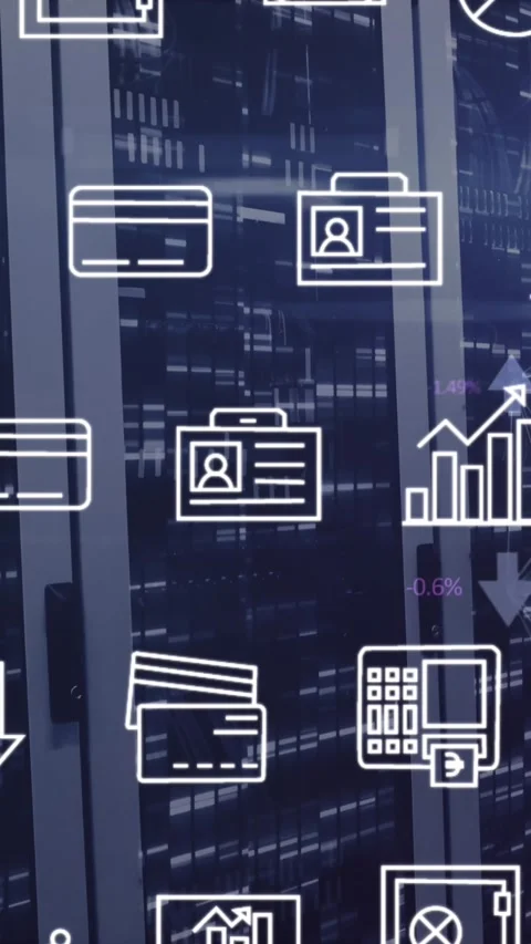 Animation of interface with digital icons and mosaic squares against computer Stock Footage 344723366