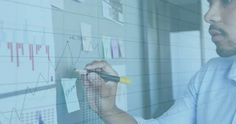 Animation of interface with graphs and data with man in office making notes on Stock Footage 149764270
