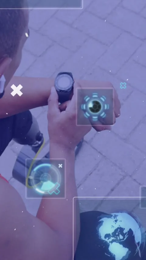 Animation of interface icons processing data over male athlete with prosthetic Stock Footage 342225085