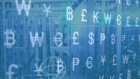 Animation of interface with multiple currency symbols against computer server Stock Footage 247909261