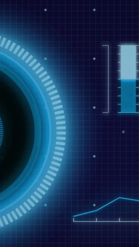 Animation of interface with neon round scanner and statistical data processing Stock Footage 344766007