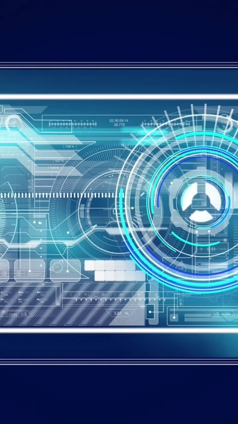 Animation of interface with neon round scanner and data processing against blue Stock Footage 344774656