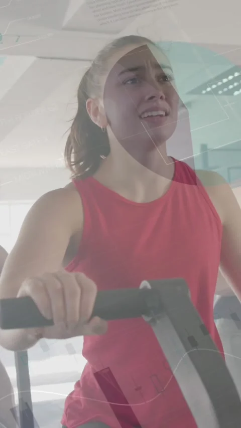 Animation of interface processing data over happy diverse women cross training Stock Footage 323783035