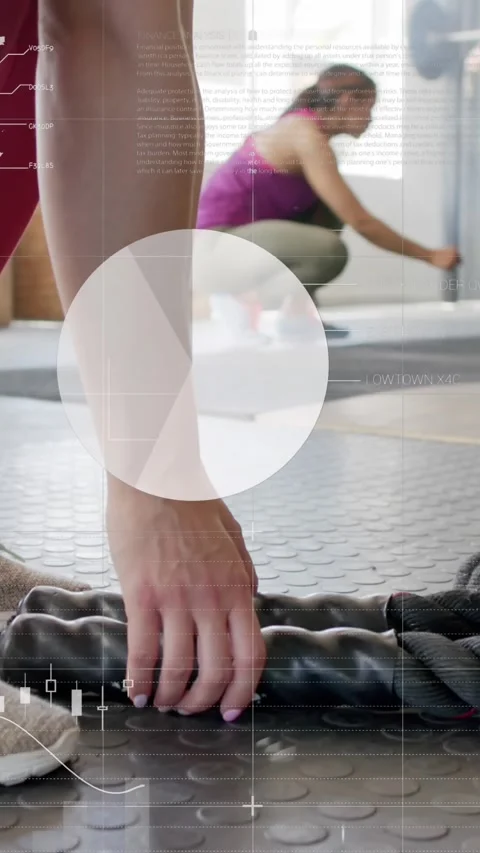 Animation of interface processing data over diverse women cross training at gym Stock Footage 323783037