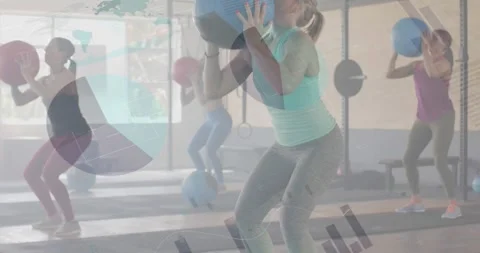 Animation of interface processing data over diverse women cross training with Stock Footage 328583007