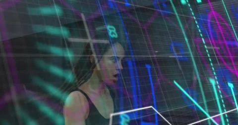 Animation of interface processing data over female athlete with dreadlocks Stock Footage 329218115