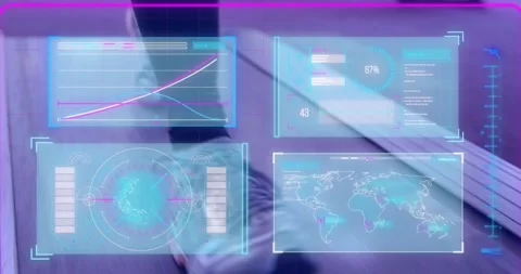 Animation of interface processing data over athlete walking on treadmill Stock Footage 329703630