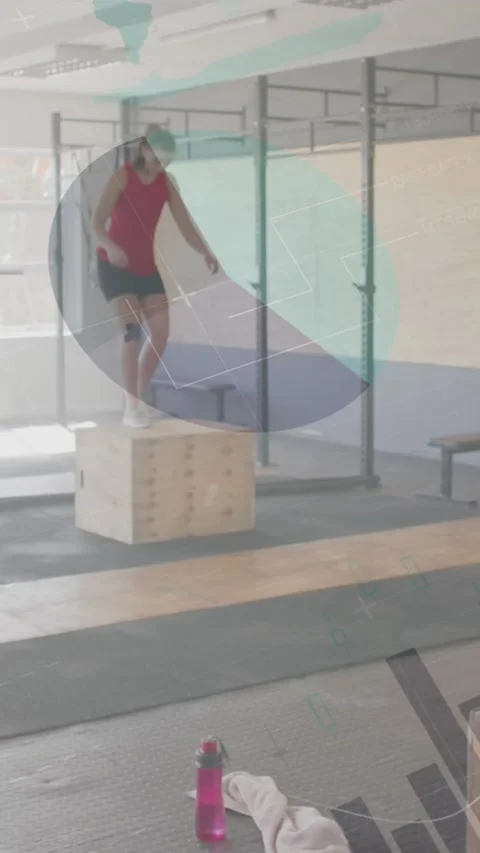 Animation of interface processing data over diverse women cross training at gym Stock Footage 341918730