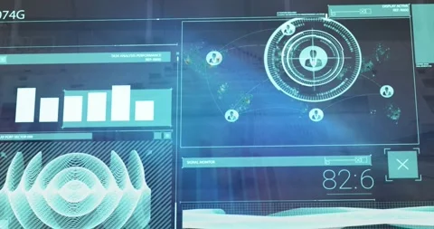 Animation of interface with profiles and graphs over time lapse of crowd moving Stock Footage 328931462