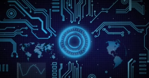 Animation of interface with round scanner and microprocessor connections against Stock Footage 254074797