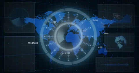 Animation of interface with round scanner and data processing over world map on Stock Footage 330591127