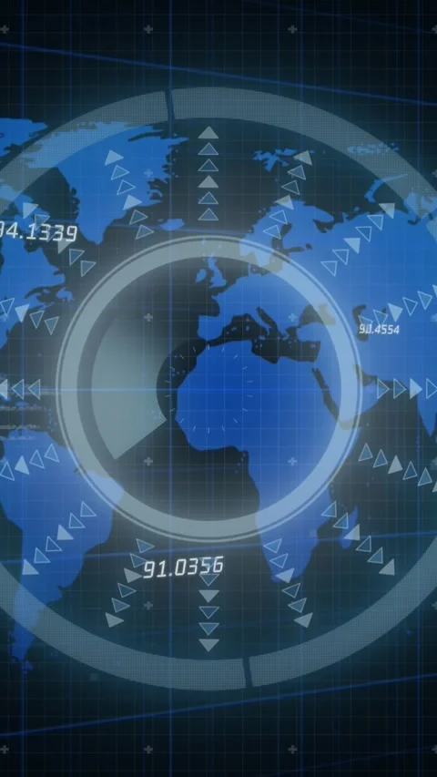 Animation of interface with round scanner and data processing over world map on Stock Footage 344774666