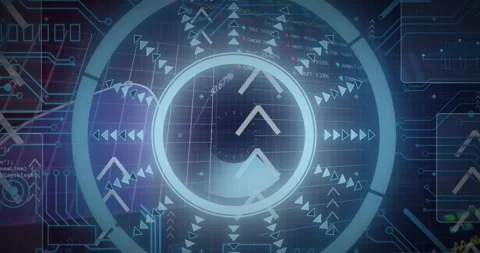 Animation of interface with round scanner, data processing and microprocessor Vídeo Stock 329920322