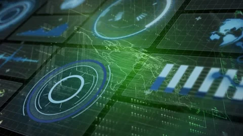 Animation of interface with round scanner, data processing and world map against Stock Footage 329968269