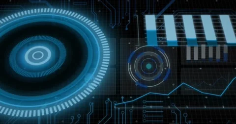 Animation of interface with round scanner, microprocessor connections and data 스톡 동영상 233650339