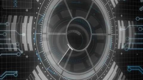 Animation of interface with round scanner, microprocessor connections and data Stockbeeldmateriaal 313088238