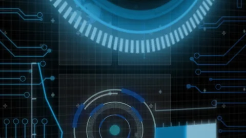 Animation of interface with round scanner, microprocessor connections and data Stock Footage 313121906