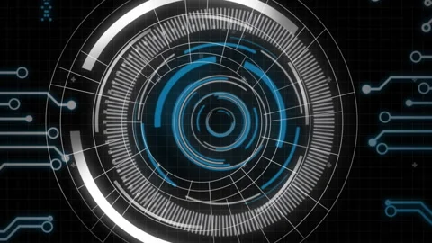 Animation of interface with round scanner, microprocessor connections and data Stock Footage 313166308